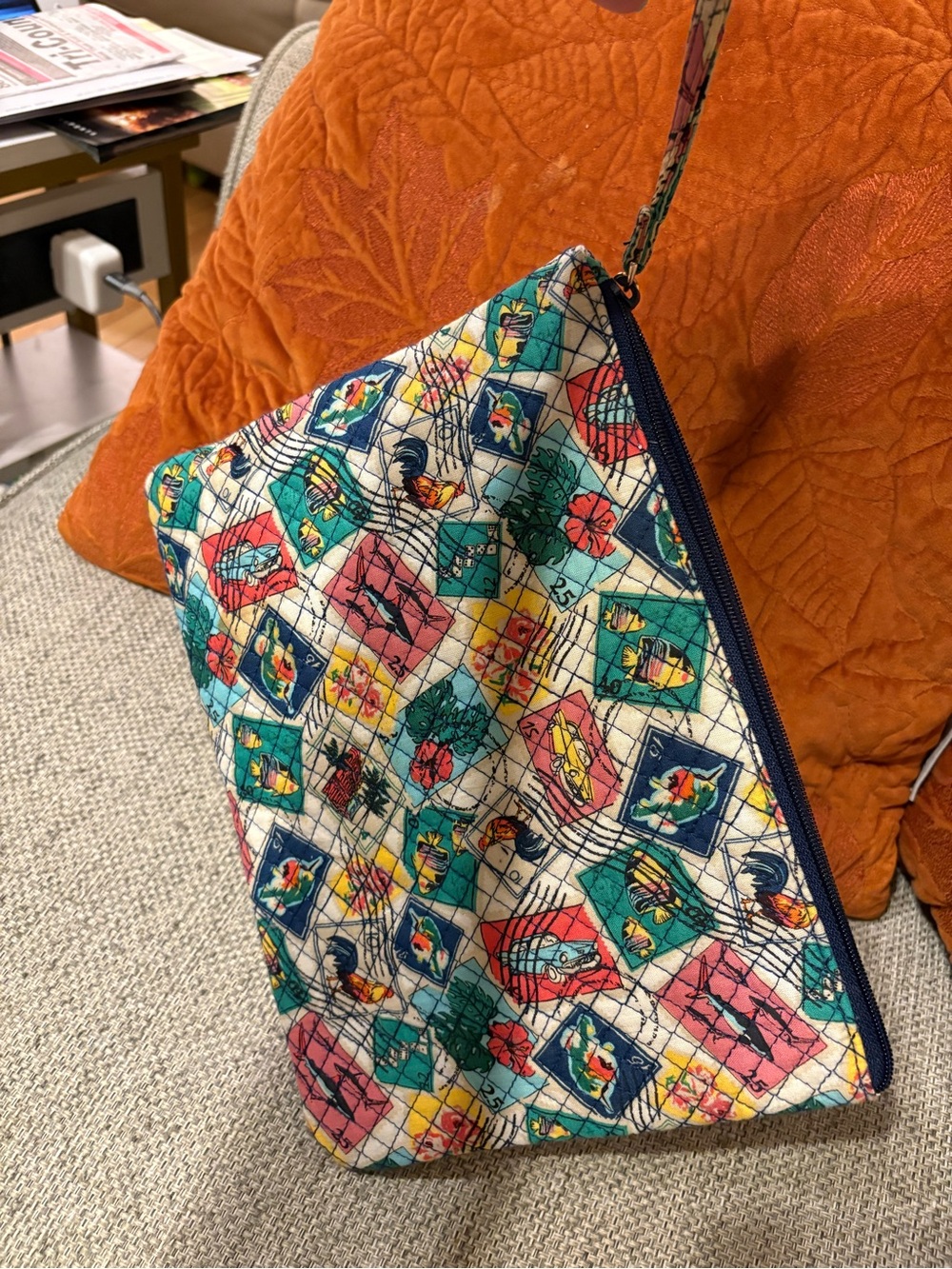 Vera Bradley Quilted Wristlet in a Colorful Travel Print of stamps - Picture 9 of 9